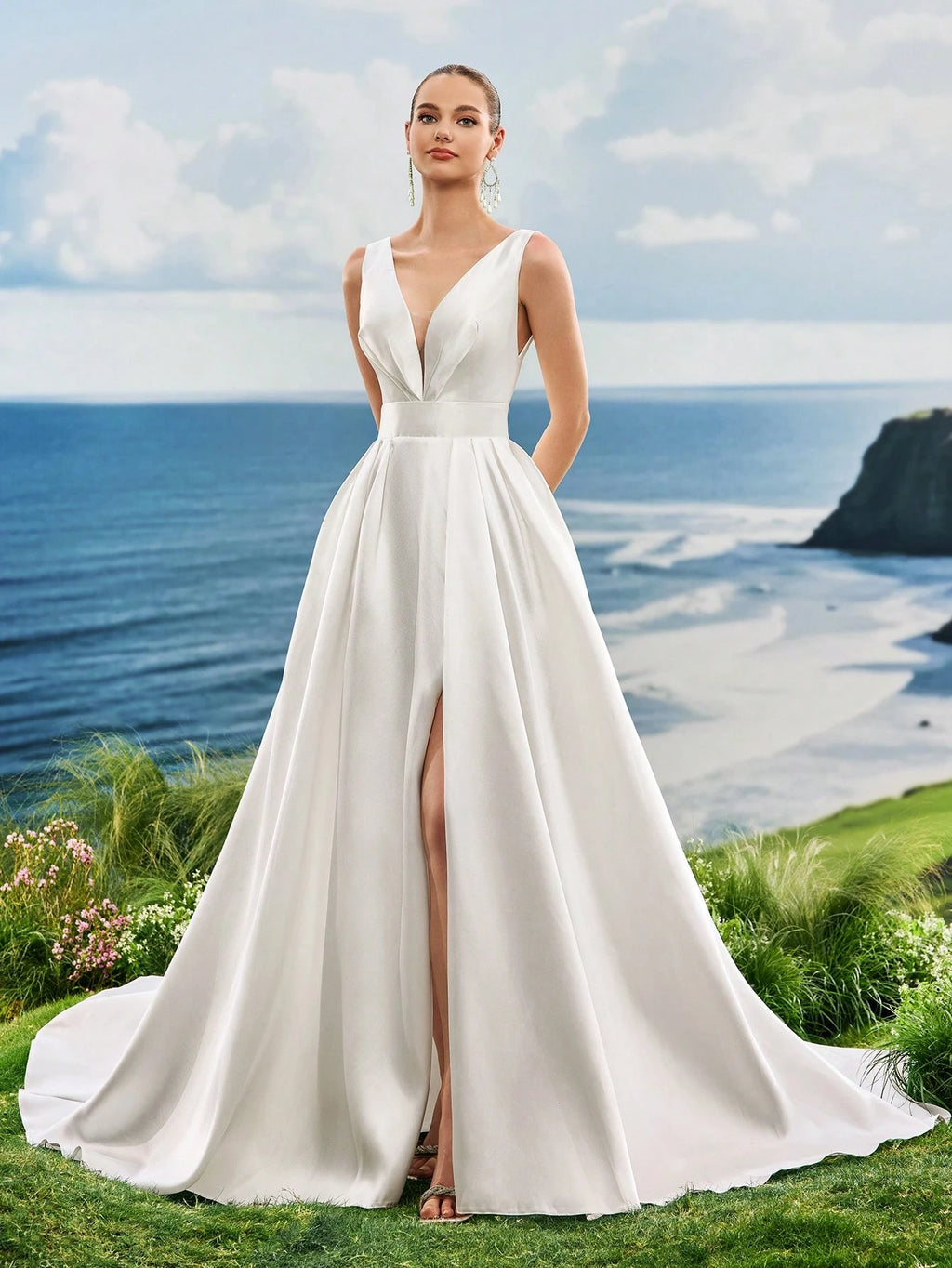 Women's Solid Color Deep V-Neck Slit White Formal Evening Dress, Bridal Wedding Gown