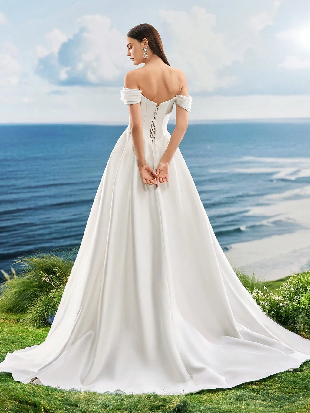 Elasola Summer Off The Shoulder Romantic Glossy Satin White Elegant Mermaid Wedding Dresses For - image 2