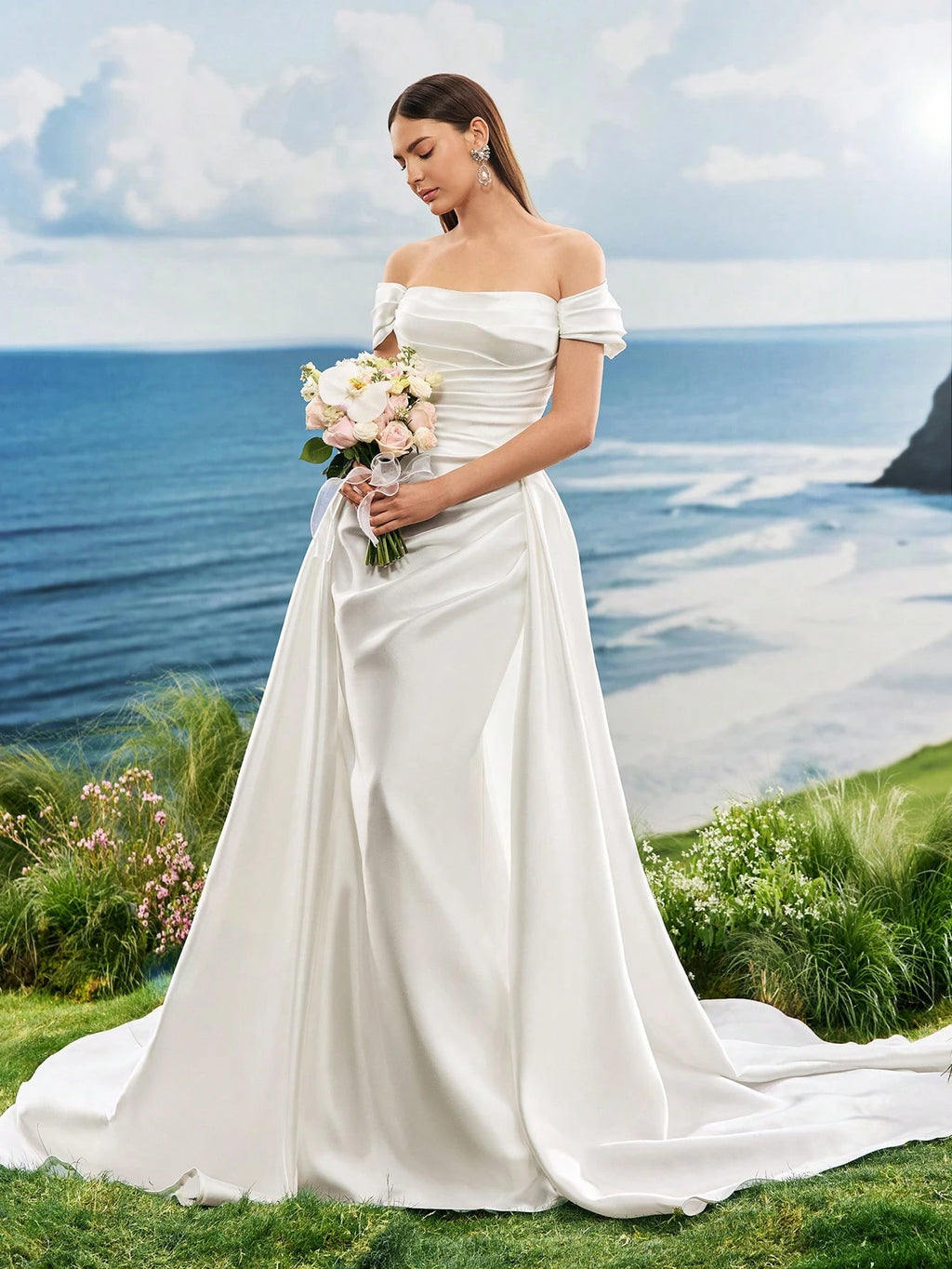 Elasola Summer Off The Shoulder Romantic Glossy Satin White Elegant Mermaid Wedding Dresses For - image 5