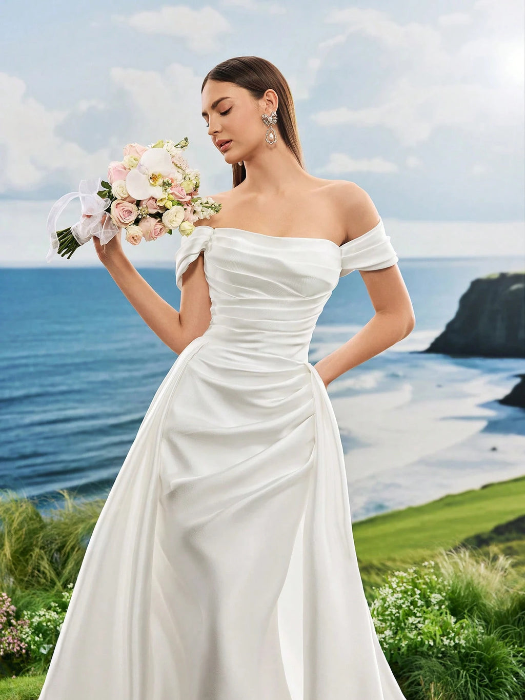 Elasola Summer Off The Shoulder Romantic Glossy Satin White Elegant Mermaid Wedding Dresses For - image 3