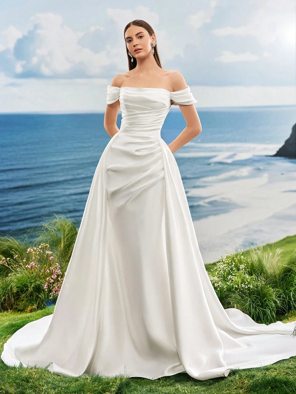 Elasola Summer Off The Shoulder Romantic Glossy Satin White Elegant Mermaid Wedding Dresses For