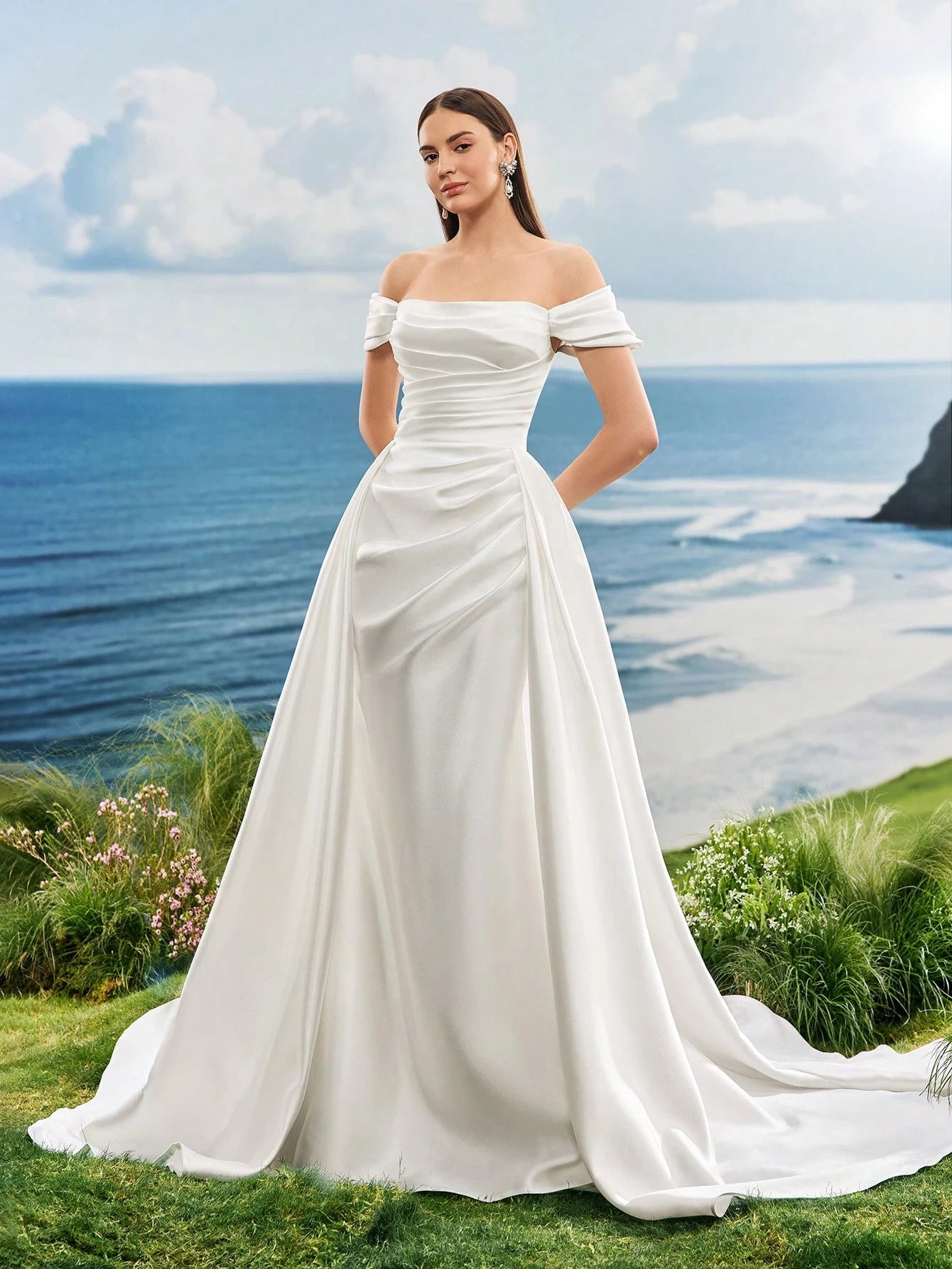 Summer Off The Shoulder Romantic Glossy Satin White Elegant Mermaid Wedding Dresses For Bride,Engagement,With - image 4