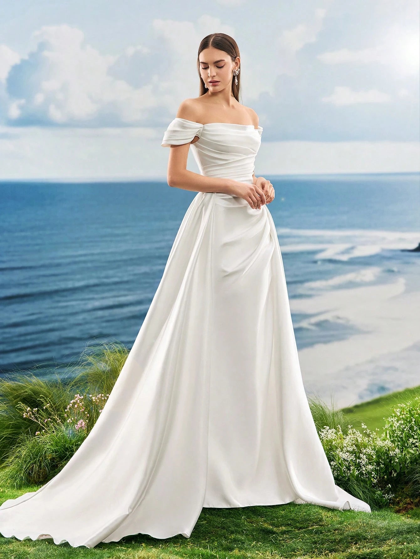 Summer Off The Shoulder Romantic Glossy Satin White Elegant Mermaid Wedding Dresses For Bride,Engagement,With - image 7