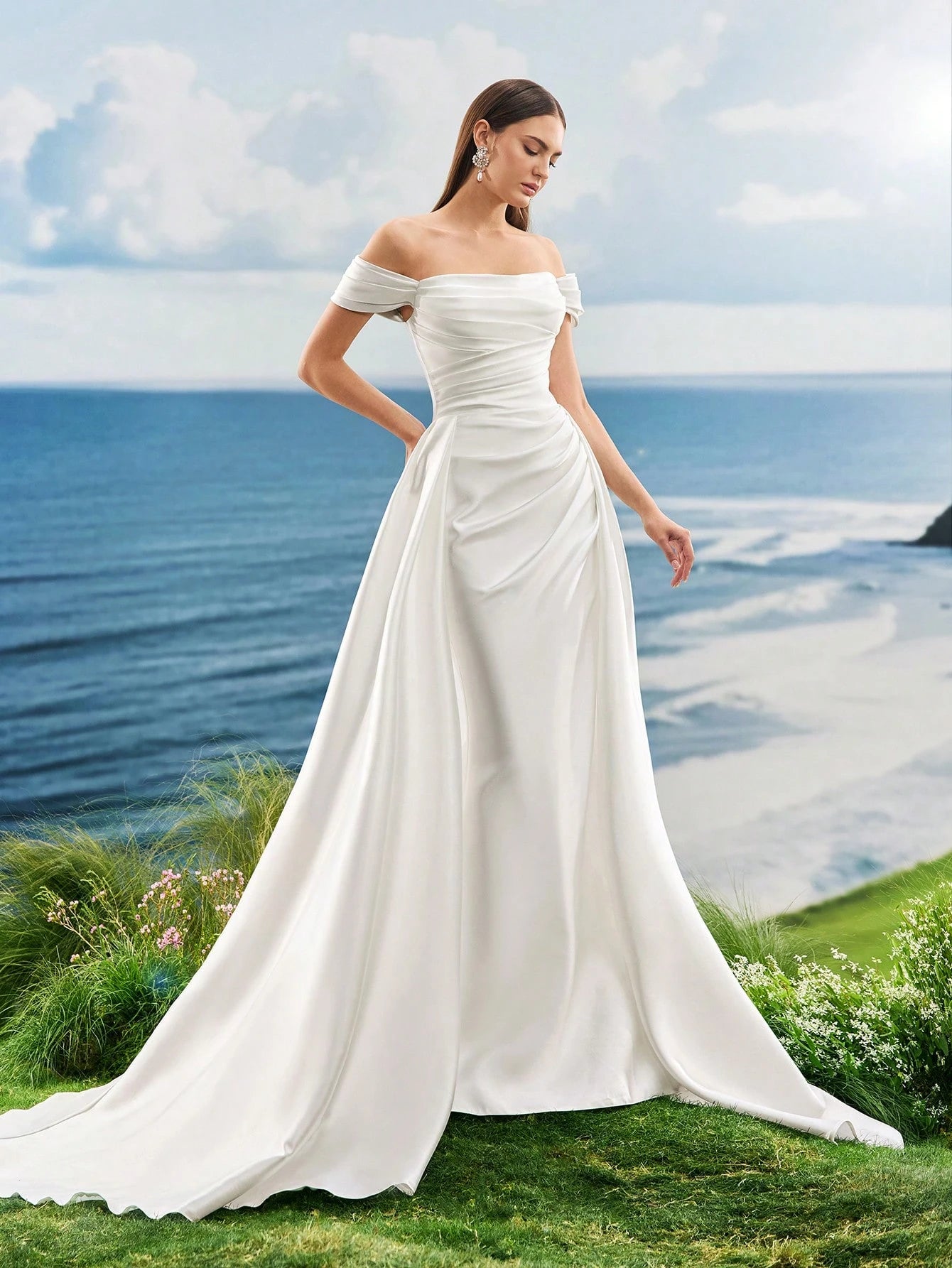 Summer Off The Shoulder Romantic Glossy Satin White Elegant Mermaid Wedding Dresses For Bride,Engagement,With - image 6