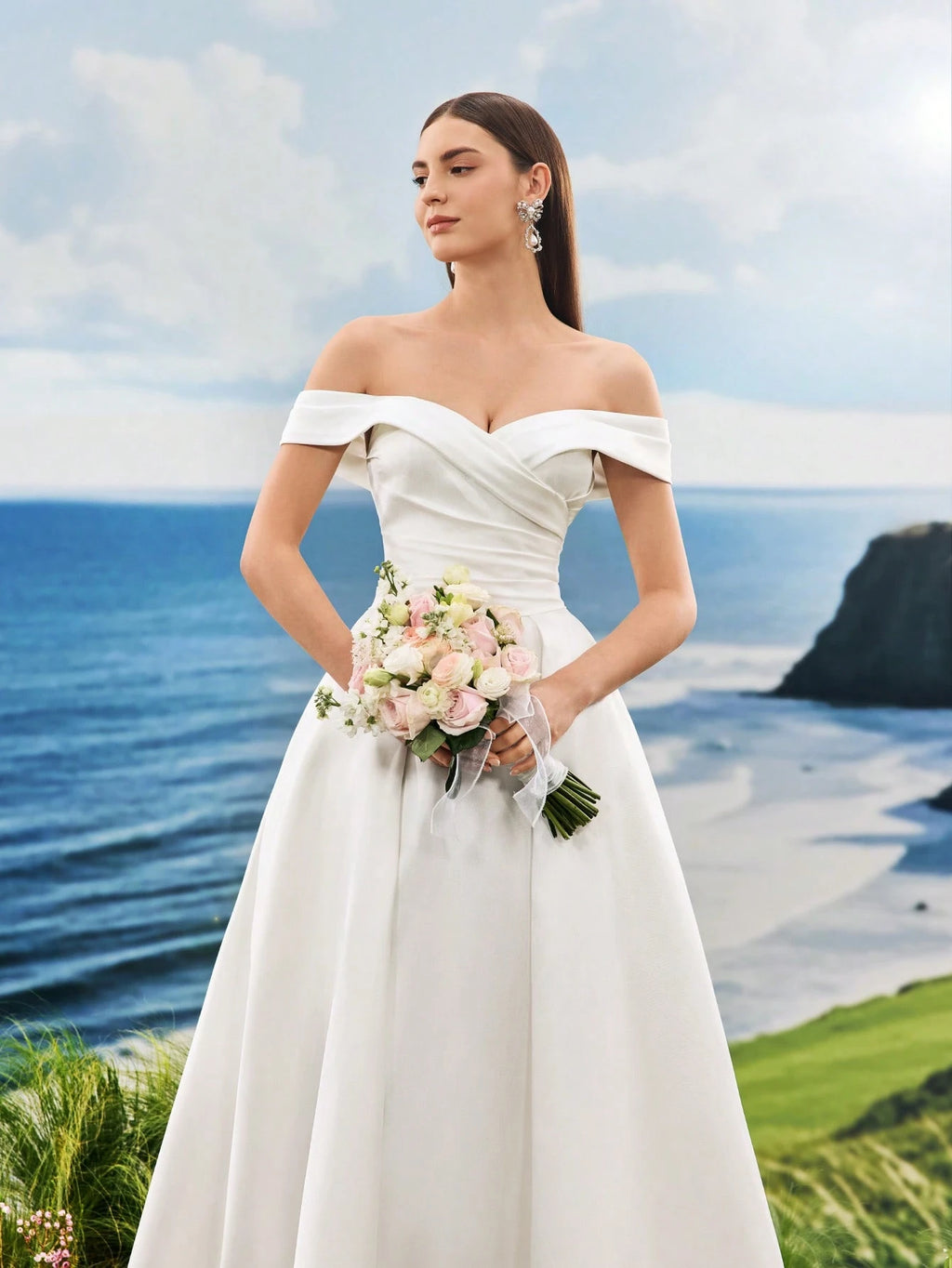 Off The Shoulder Elegant Formal Evening Prom White Satin Wedding Dresses For Bride , For Graduation, Dinner - image 3