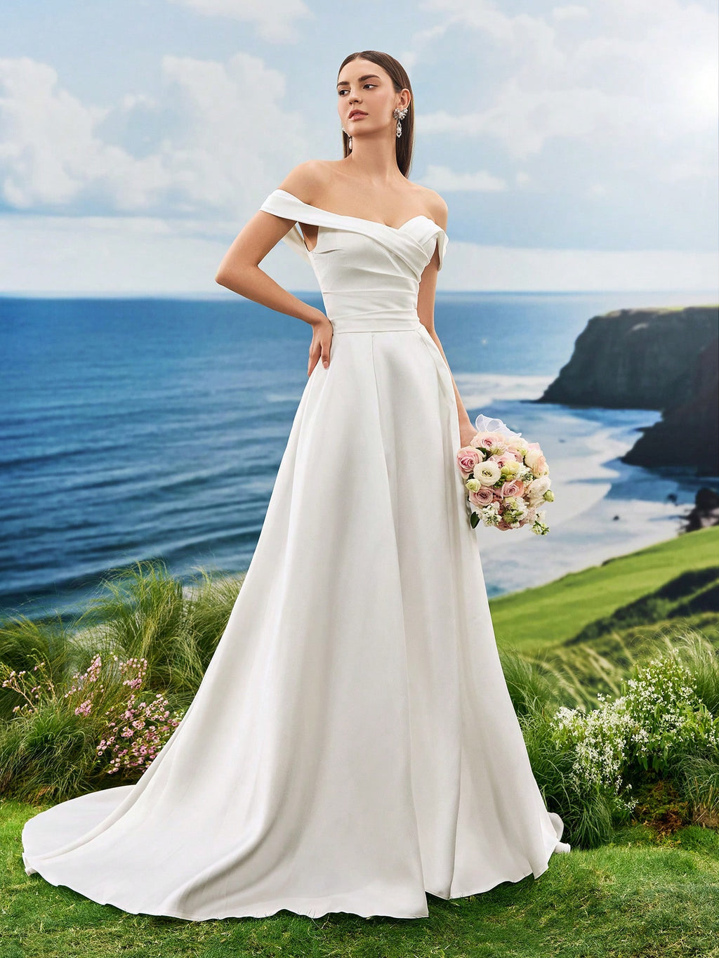 Off The Shoulder Elegant Formal Evening Prom White Satin Wedding Dresses For Bride , For Graduation, Dinner - image 7