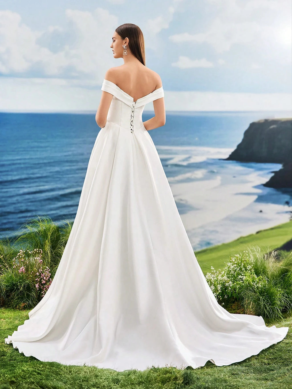 Off The Shoulder Elegant Formal Evening Prom White Satin Wedding Dresses For Bride , For Graduation, Dinner - image 2
