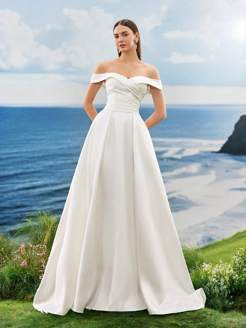 Off The Shoulder Elegant Formal Evening Prom White Satin Wedding Dresses For Bride , For Graduation, Dinner - image 5