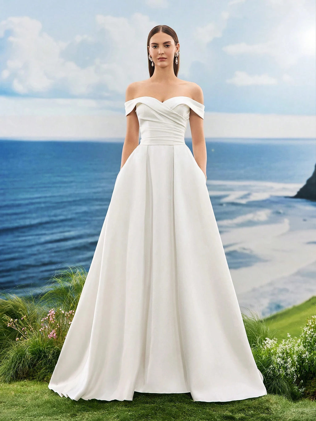 Off The Shoulder Elegant Formal Evening Prom White Satin Wedding Dresses For Bride , For Graduation, Dinner - image 4