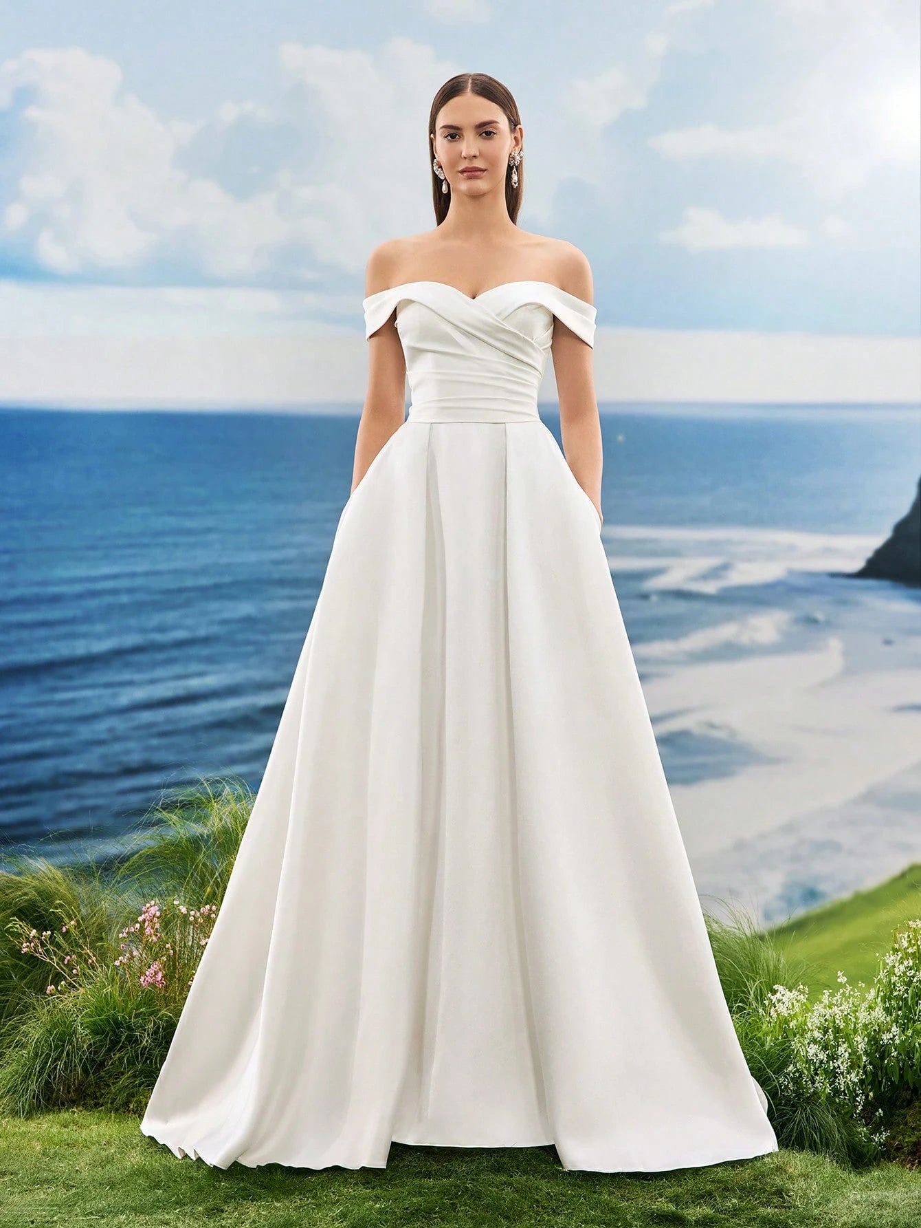 Off The Shoulder Elegant Formal Evening Prom White Satin Wedding Dresses For Bride , For Graduation, Dinner - image 4