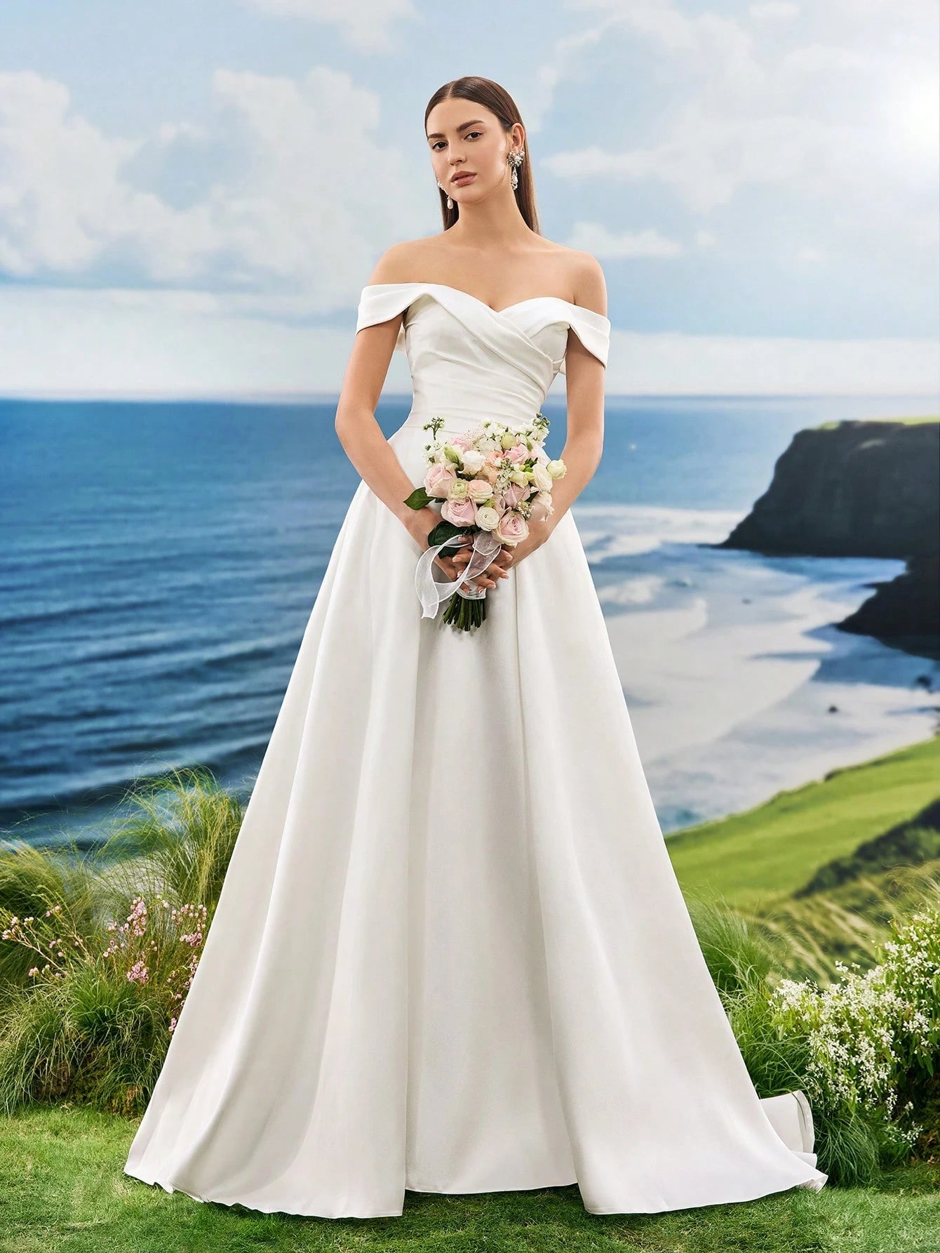 Off The Shoulder Elegant Formal Evening Prom White Satin Wedding Dresses For Bride , For Graduation, Dinner - image 6