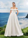 Off The Shoulder Elegant Formal Evening Prom White Satin Wedding Dresses For Bride , For Graduation, Dinner