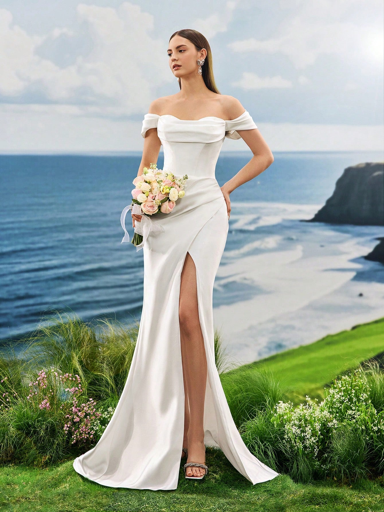 Elegant Florence Simple Split Thigh Mermaid White Wedding Dress Bridal, Elegant Formal Evening Prom Wedding - image 4