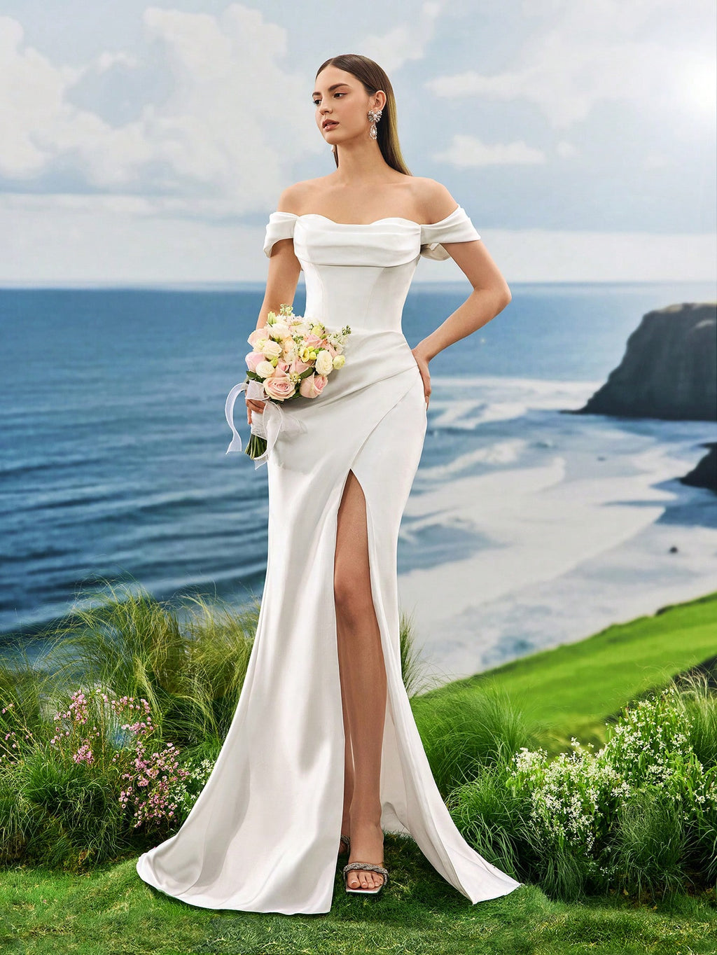 Elegant Florence Minimalist Slit Mermaid White Wedding Dress, Suitable For Brides, Formal Galas, Balls, - image 4