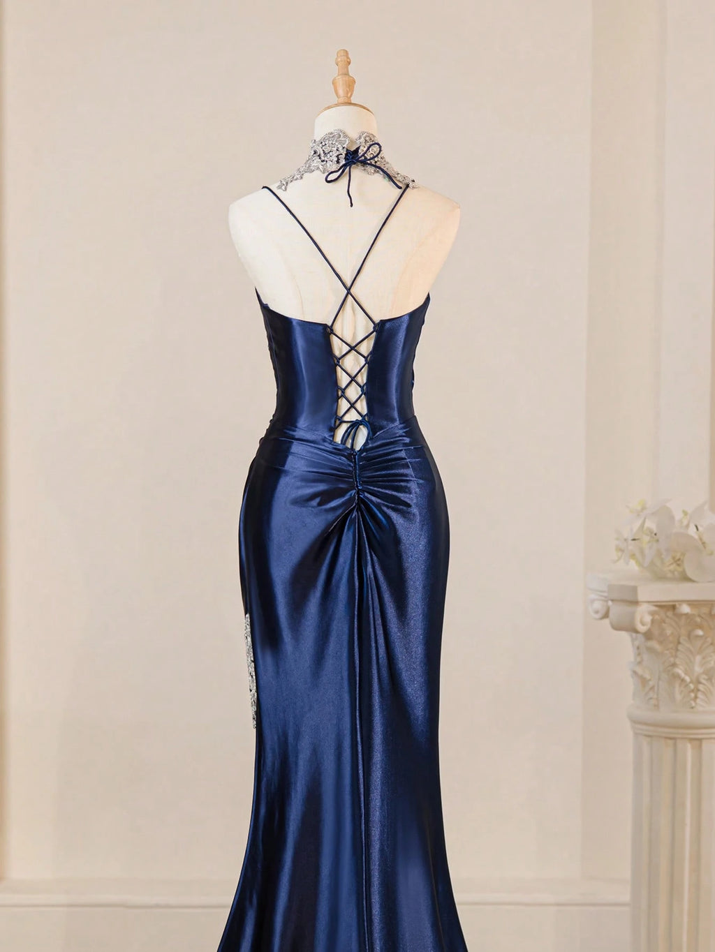Spaghetti Strap Elegant Navy Blue Sexy Deep V-Neck High Slit Fitted Prom Gown Bridesmaid Dress For Party - image 5