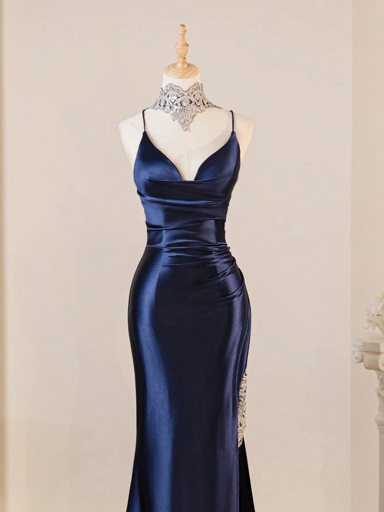 Spaghetti Strap Elegant Navy Blue Sexy Deep V-Neck High Slit Fitted Prom Gown Bridesmaid Dress For Party - image 4