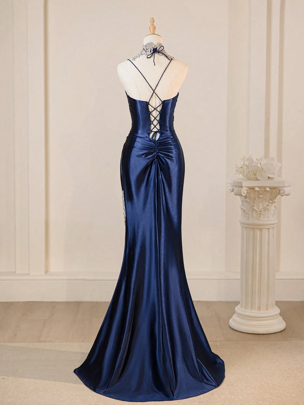 Spaghetti Strap Elegant Navy Blue Sexy Deep V-Neck High Slit Fitted Prom Gown Bridesmaid Dress For Party - image 3