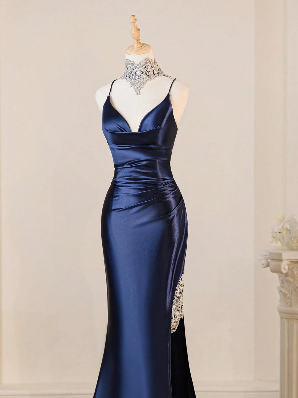 Spaghetti Strap Elegant Navy Blue Sexy Deep V-Neck High Slit Fitted Prom Gown Bridesmaid Dress For Party - image 2