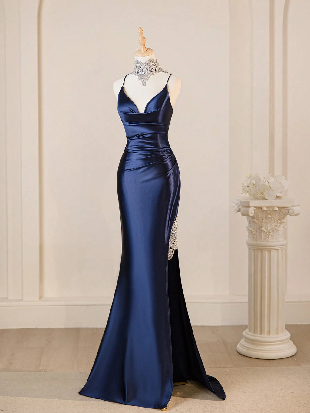 Spaghetti Strap Elegant Navy Blue Sexy Deep V-Neck High Slit Fitted Prom Gown Bridesmaid Dress For Party - image 6