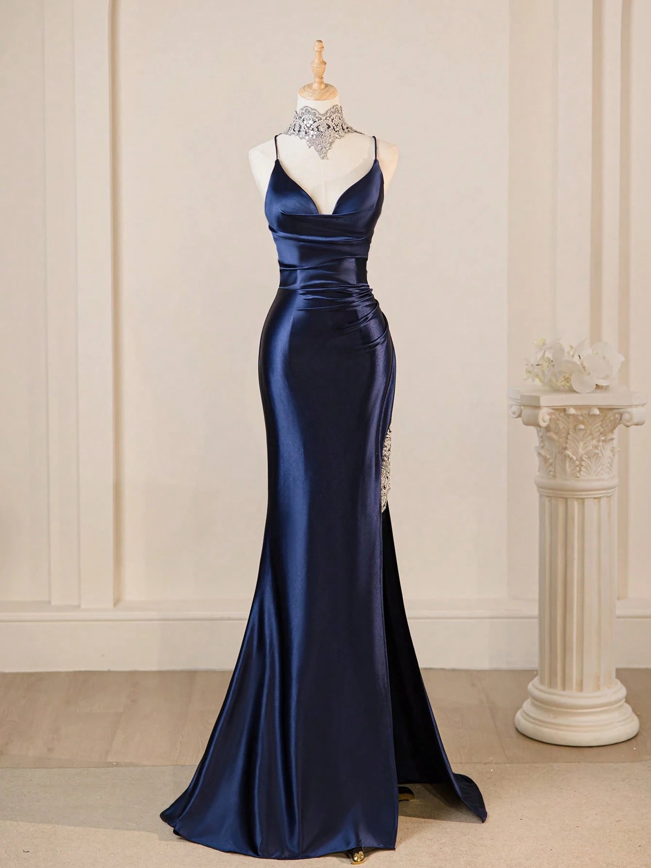 Spaghetti Strap Elegant Navy Blue Sexy Deep V-Neck High Slit Fitted Prom Gown Bridesmaid Dress For Party