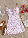 Soleia Blue & White Floral Knit Bodycon Drawstring Strap Romantic Casual Vacation Women's Curvy Short Dress