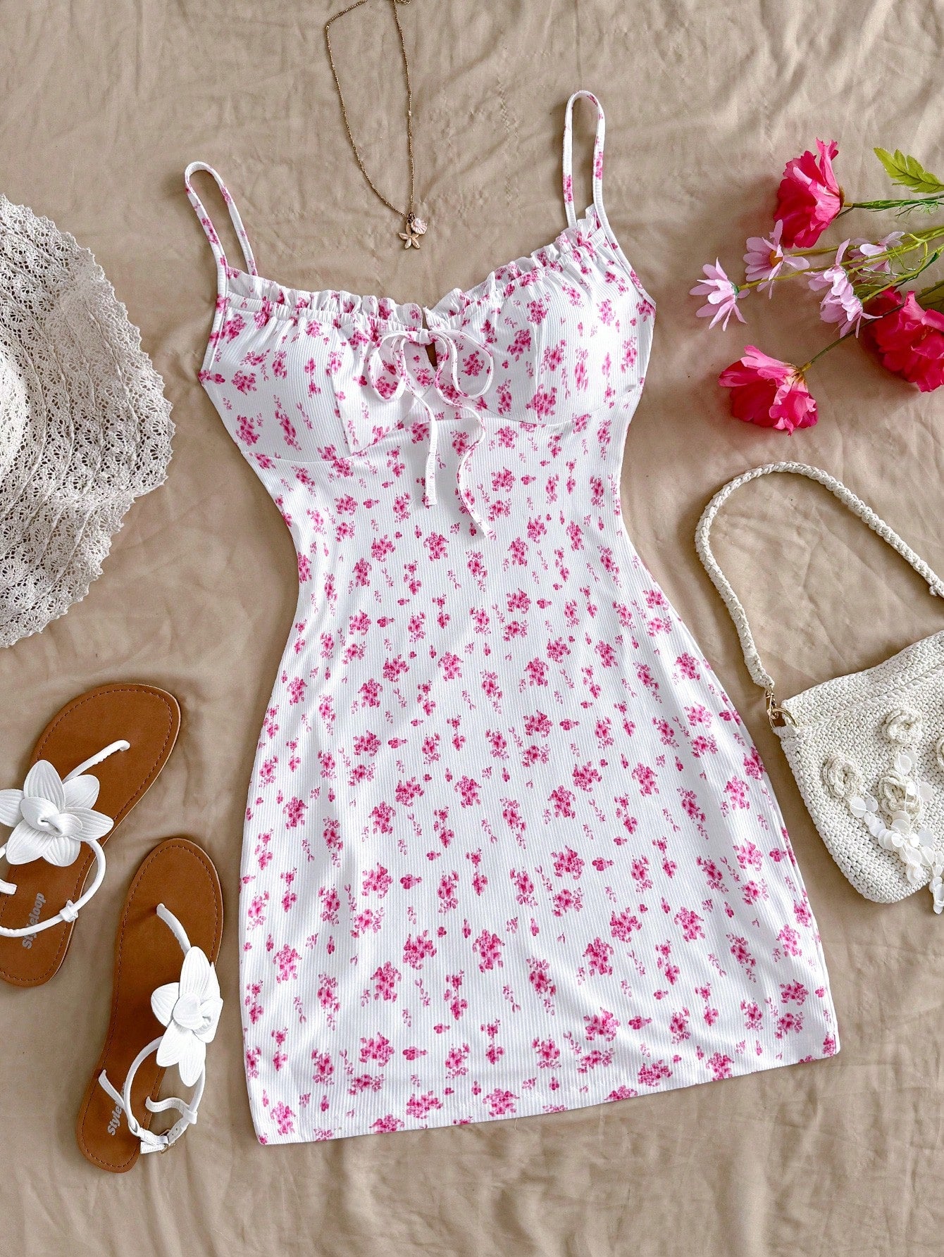 Soleia Blue & White Floral Knit Bodycon Drawstring Strap Romantic Casual Vacation Women's Curvy Short Dress