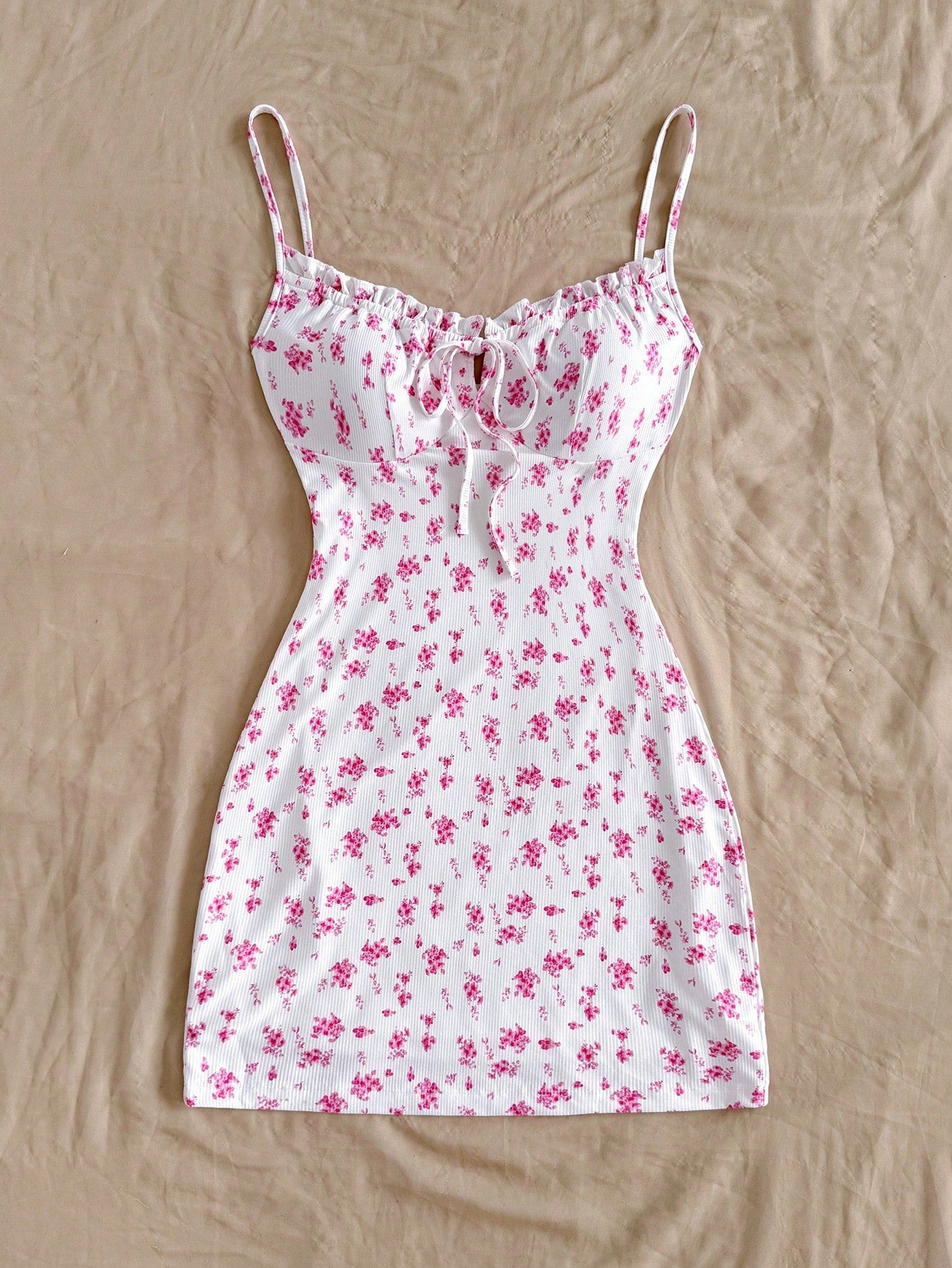Soleia Blue & White Floral Knit Bodycon Drawstring Strap Romantic Casual Vacation Women's Curvy Short Dress - image 5