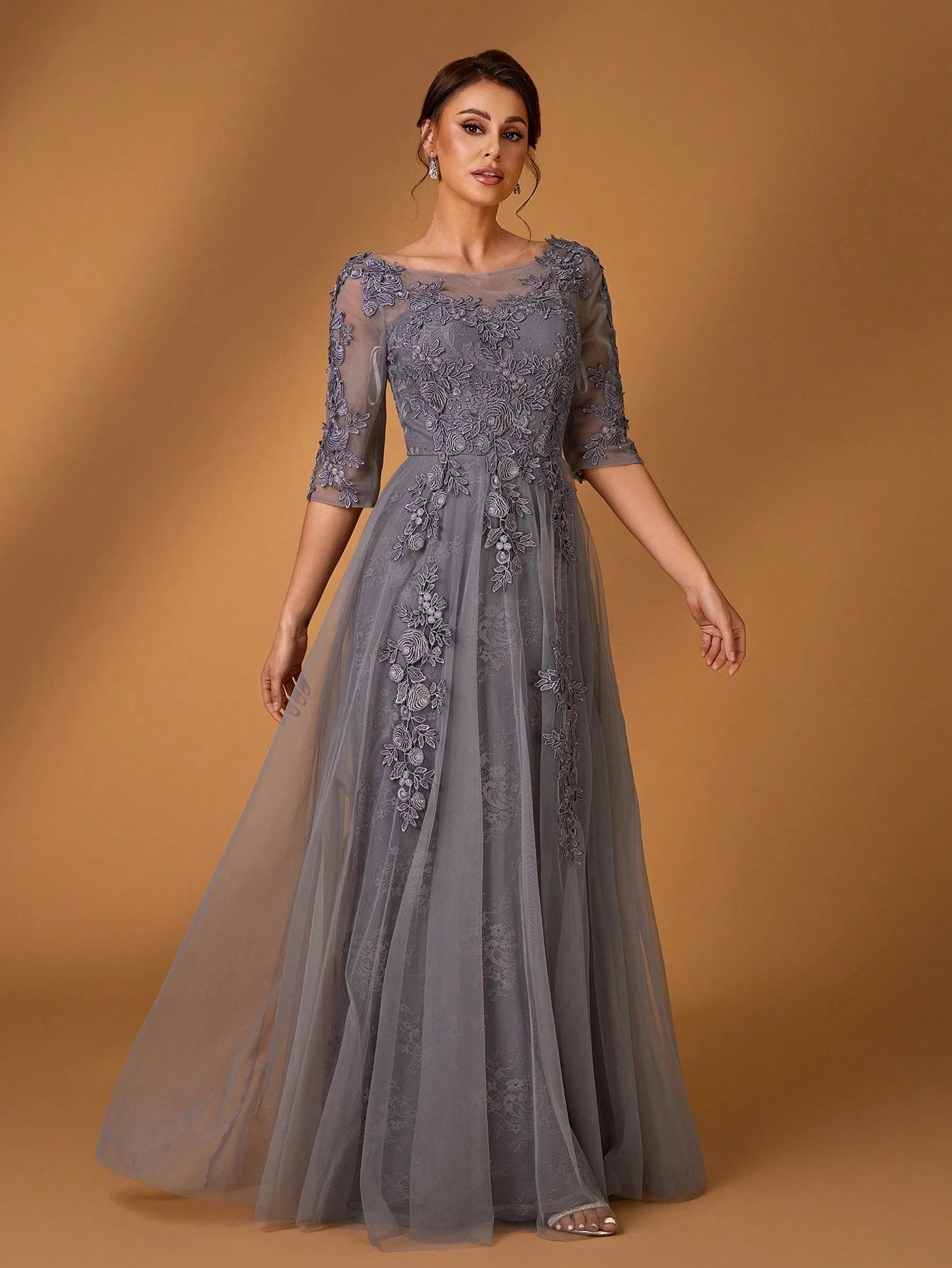 Serin Elegant Dusty Pink Summer Lace Splicing Mesh A-Line Dress,Luxury Embellished 3/4 Sleeve Mother Of The - image 8