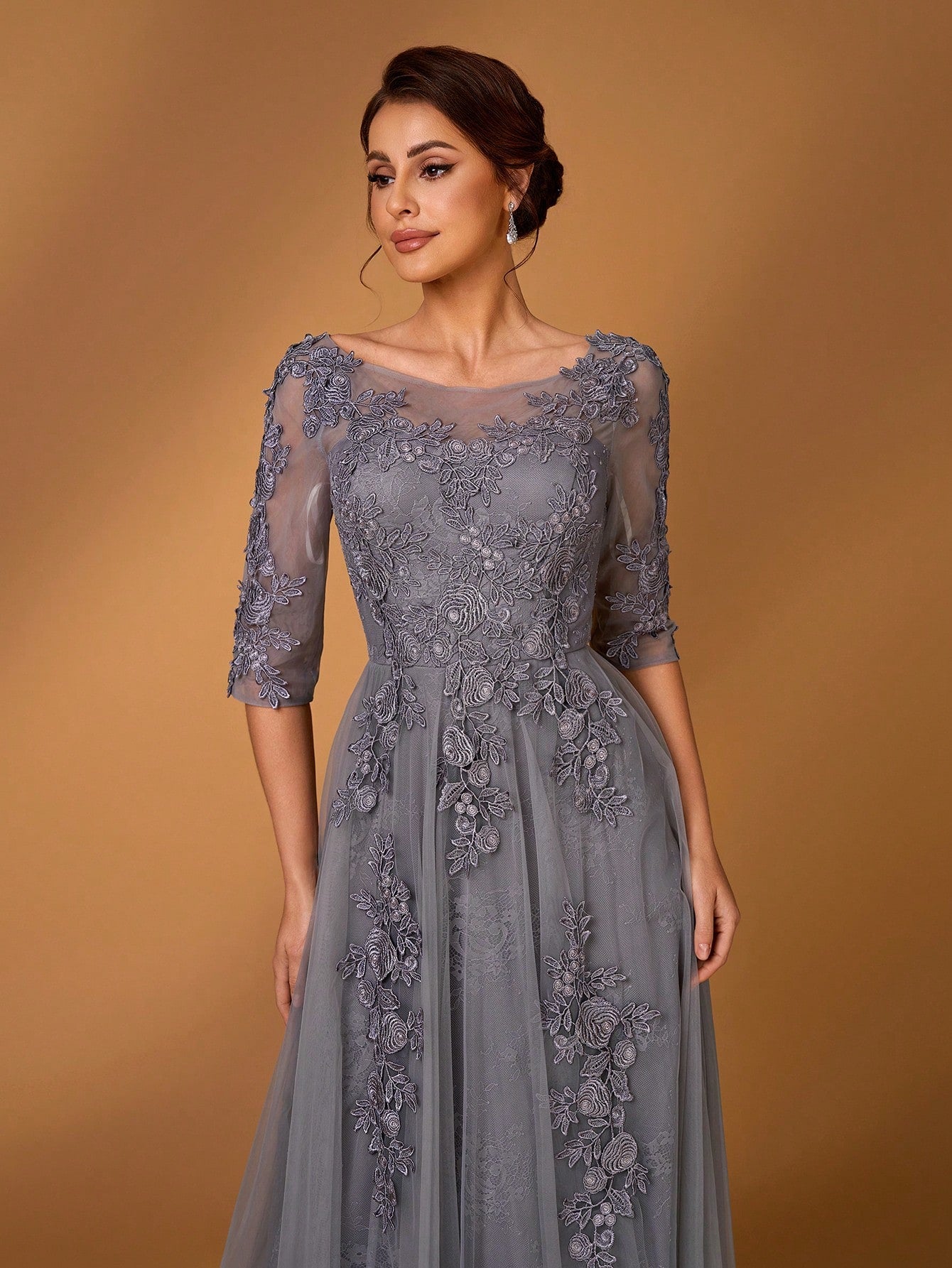 Serin Elegant Dusty Pink Summer Lace Splicing Mesh A-Line Dress,Luxury Embellished 3/4 Sleeve Mother Of The - image 12