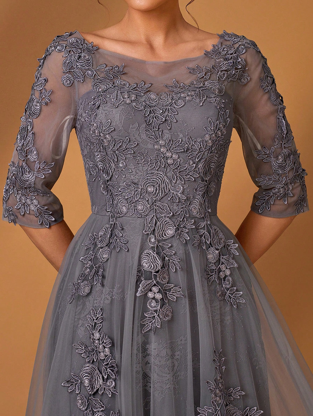 Serin Elegant Dusty Pink Summer Lace Splicing Mesh A-Line Dress,Luxury Embellished 3/4 Sleeve Mother Of The - image 9