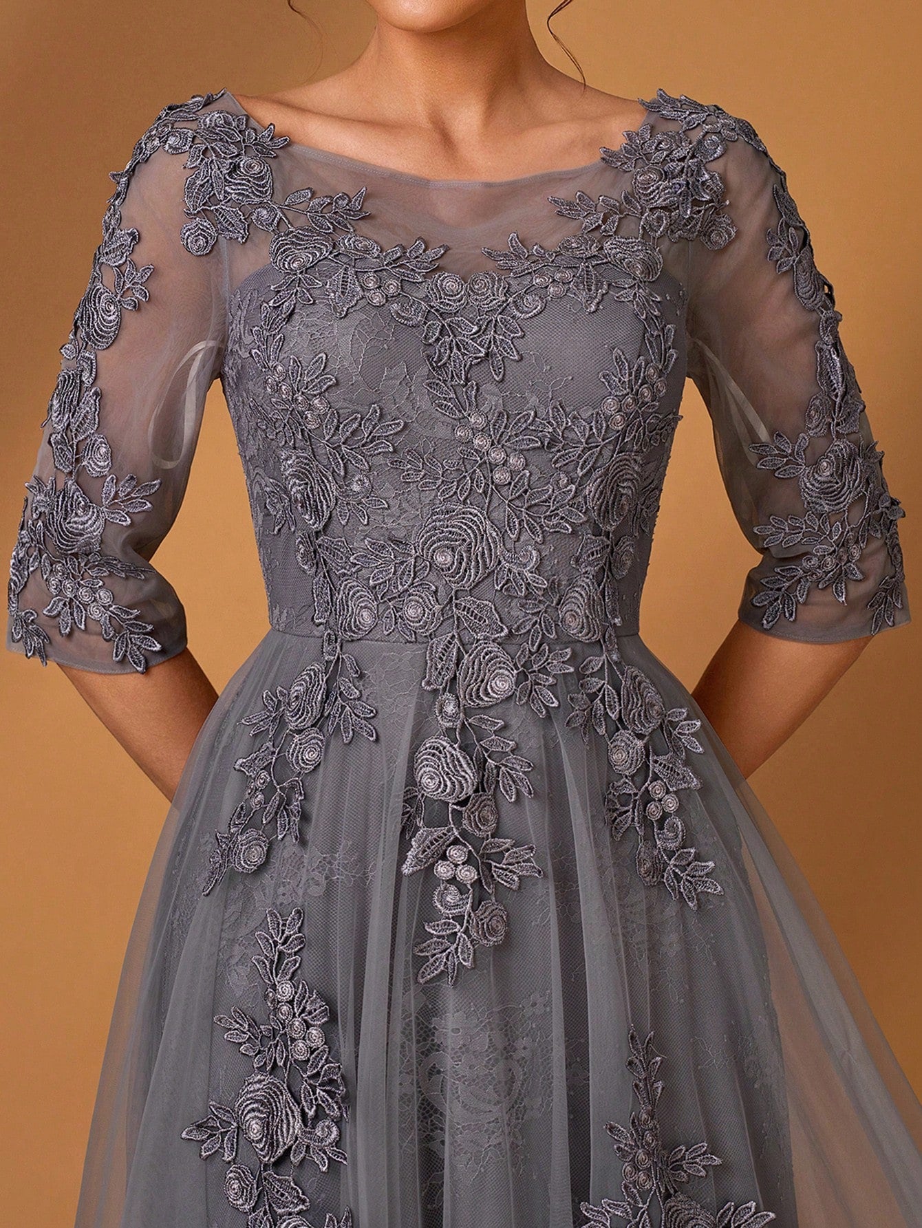 Serin Elegant Dusty Pink Summer Lace Splicing Mesh A-Line Dress,Luxury Embellished 3/4 Sleeve Mother Of The - image 9