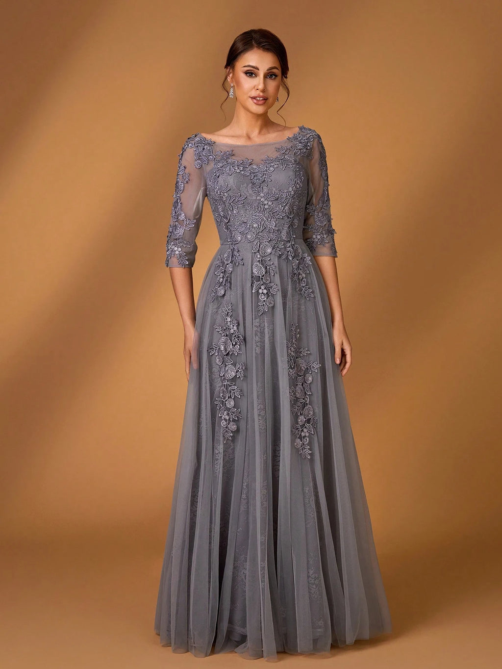 Serin Elegant Dusty Pink Summer Lace Splicing Mesh A-Line Dress,Luxury Embellished 3/4 Sleeve Mother Of The - image 13
