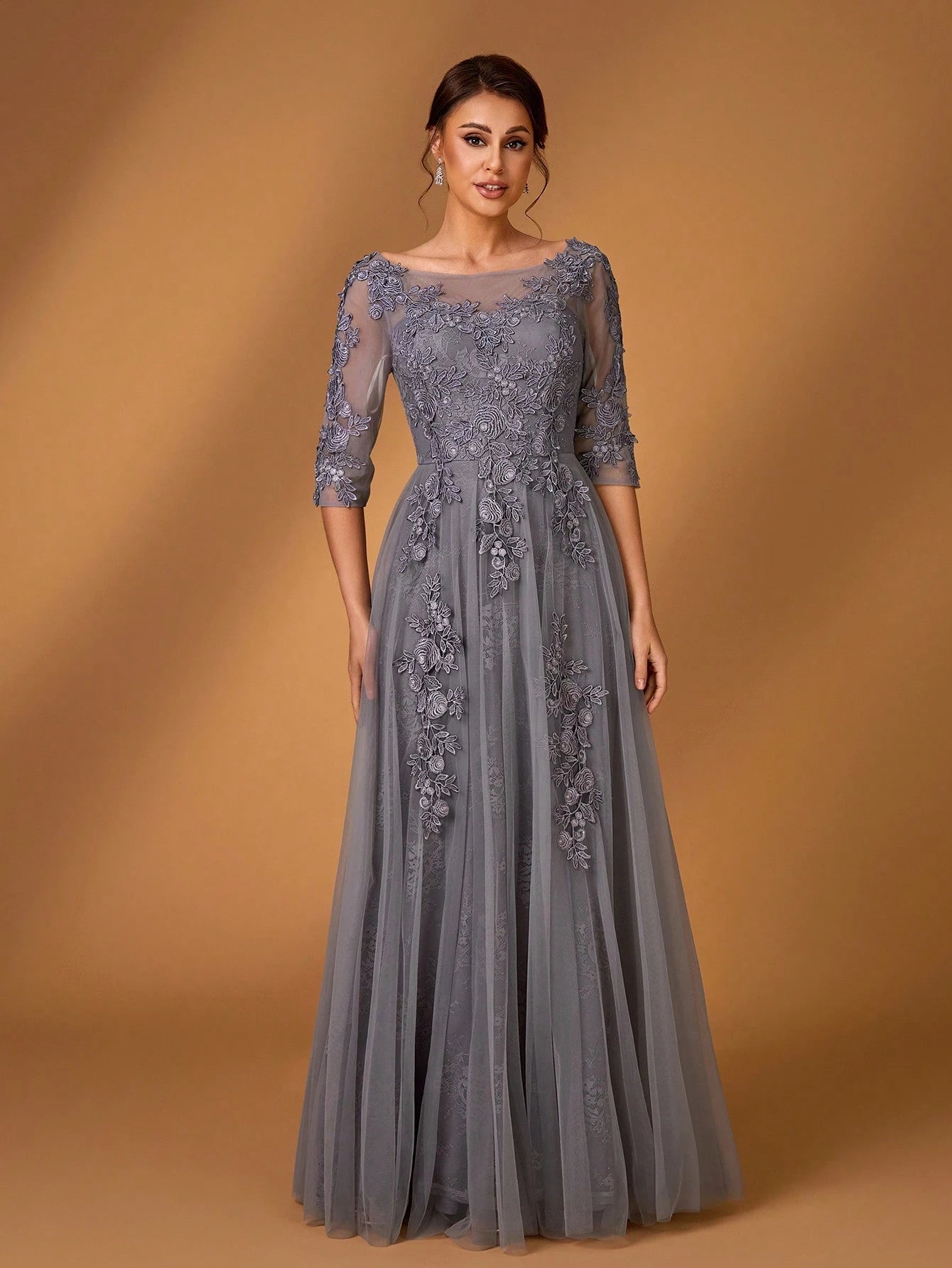 Serin Elegant Dusty Pink Summer Lace Splicing Mesh A-Line Dress,Luxury Embellished 3/4 Sleeve Mother Of The - image 13