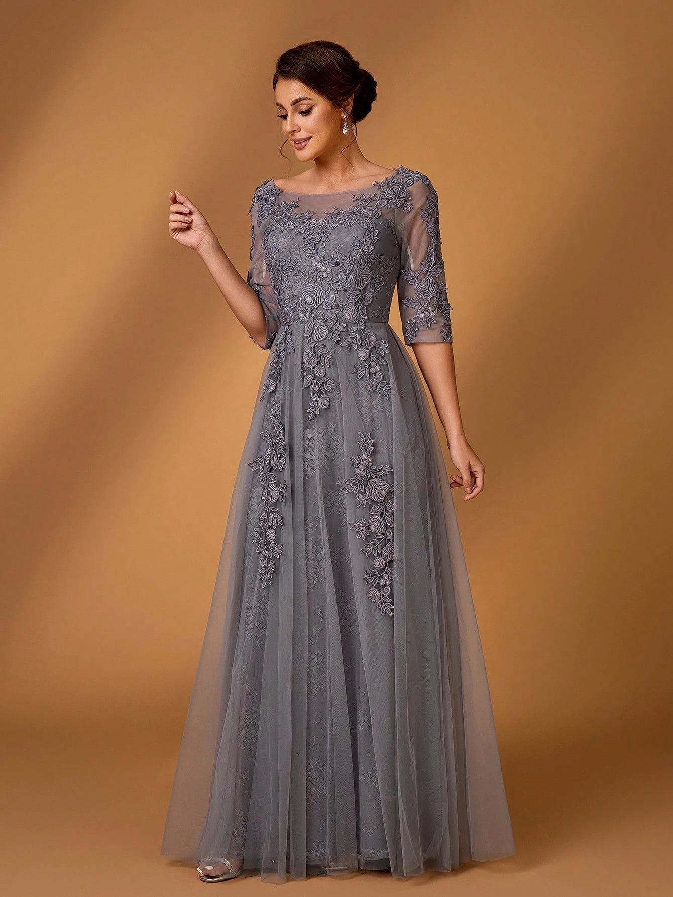 Serin Elegant Dusty Pink Summer Lace Splicing Mesh A-Line Dress,Luxury Embellished 3/4 Sleeve Mother Of The - image 14