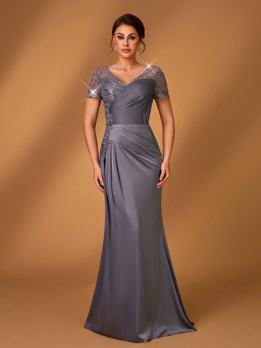 Serin Champagne Gold Summer Formal Elegant Evening Wedding Dress,Embroidered Lace Applique Elastic Satin - image 14