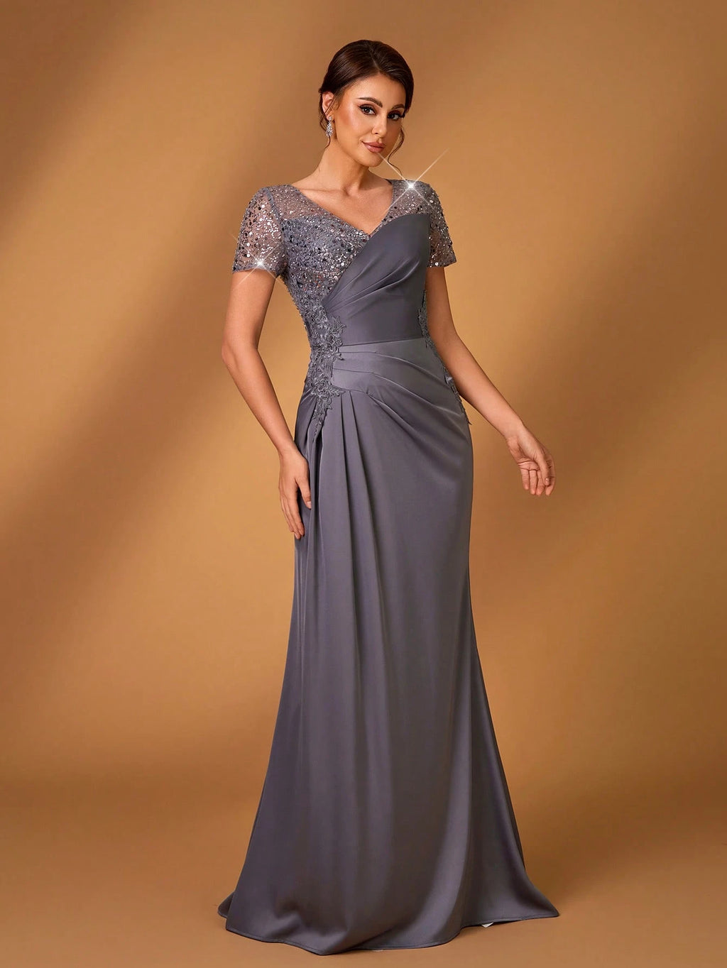 Serin Champagne Gold Summer Formal Elegant Evening Wedding Dress,Embroidered Lace Applique Elastic Satin - image 12