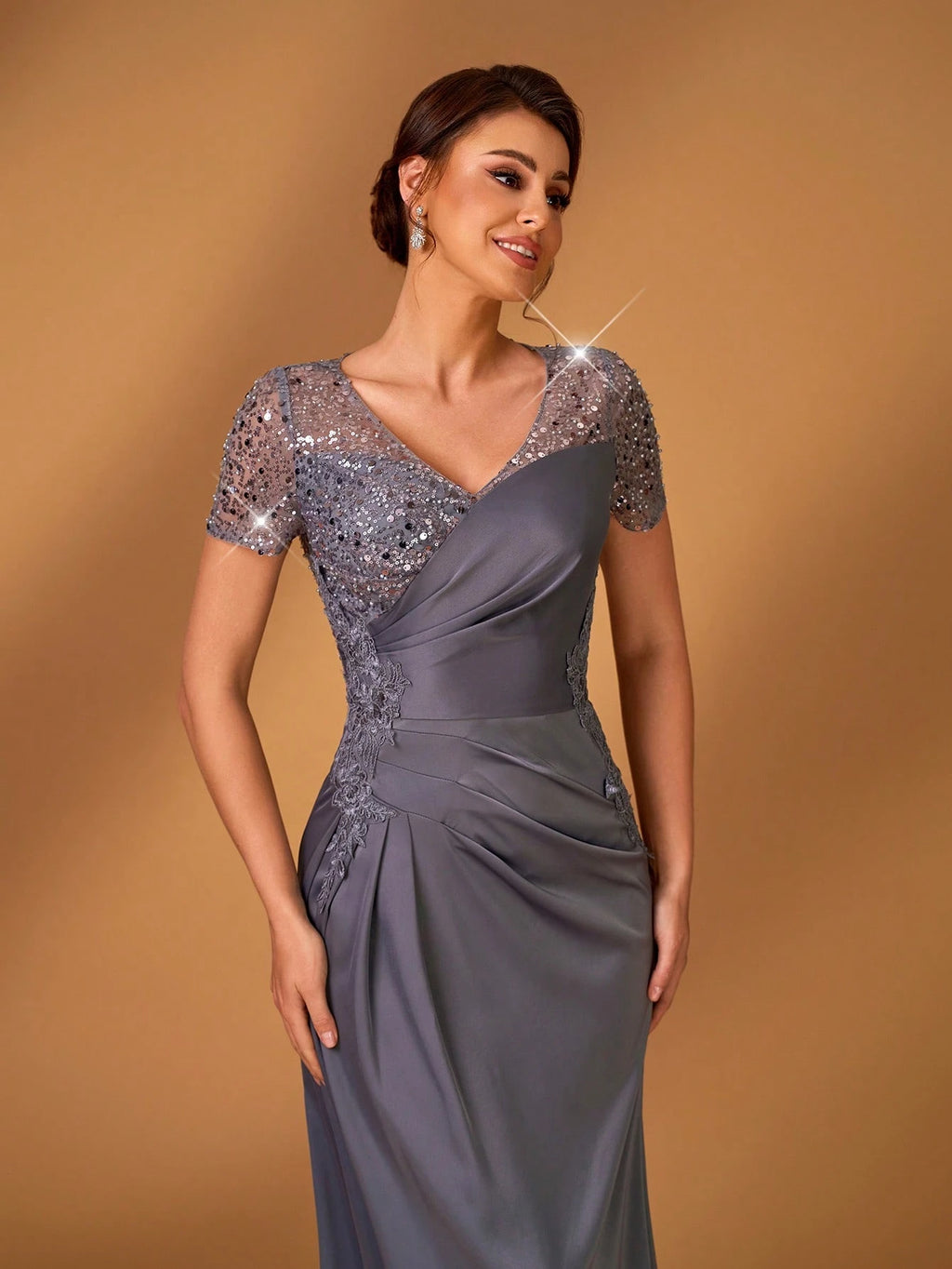 Serin Champagne Gold Summer Formal Elegant Evening Wedding Dress,Embroidered Lace Applique Elastic Satin - image 13
