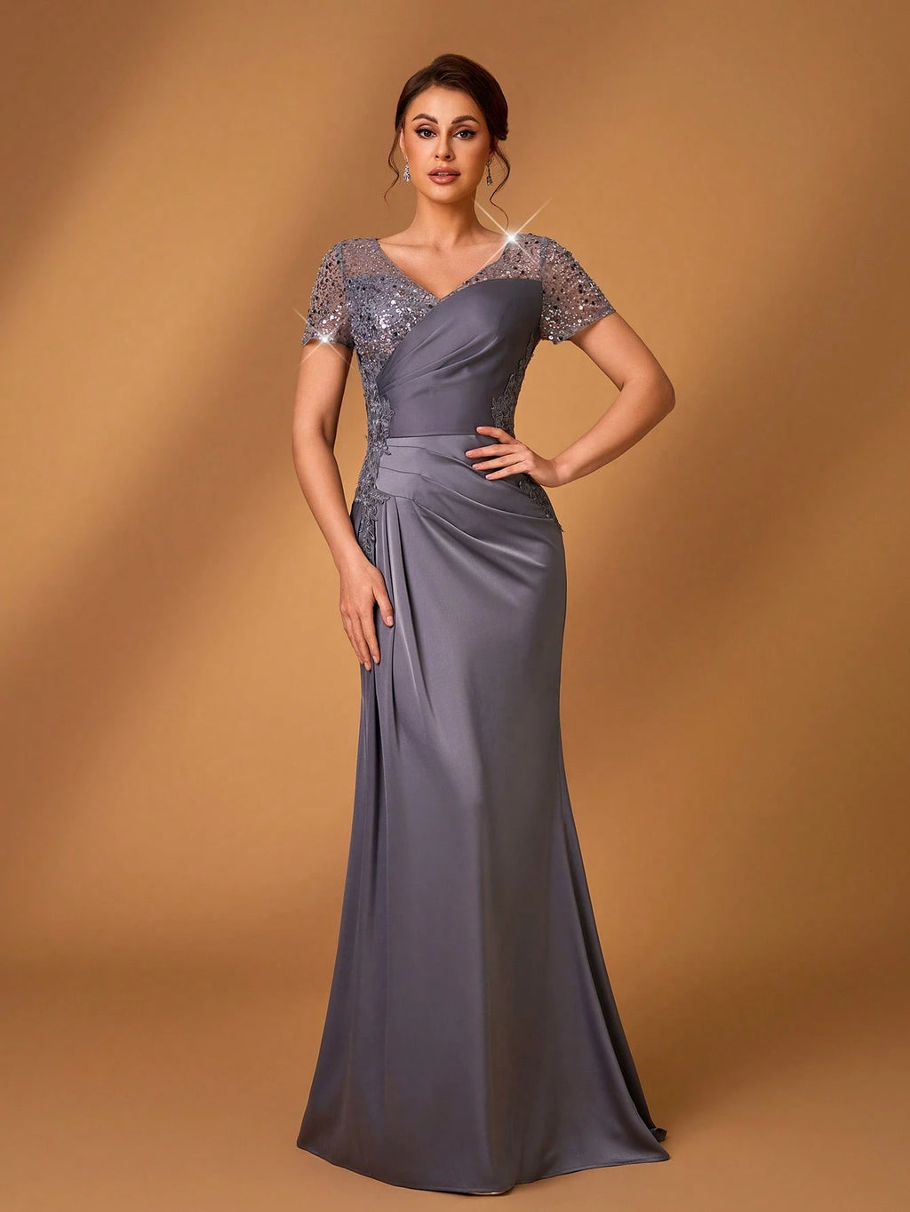 Serin Champagne Gold Summer Formal Elegant Evening Wedding Dress,Embroidered Lace Applique Elastic Satin - image 11