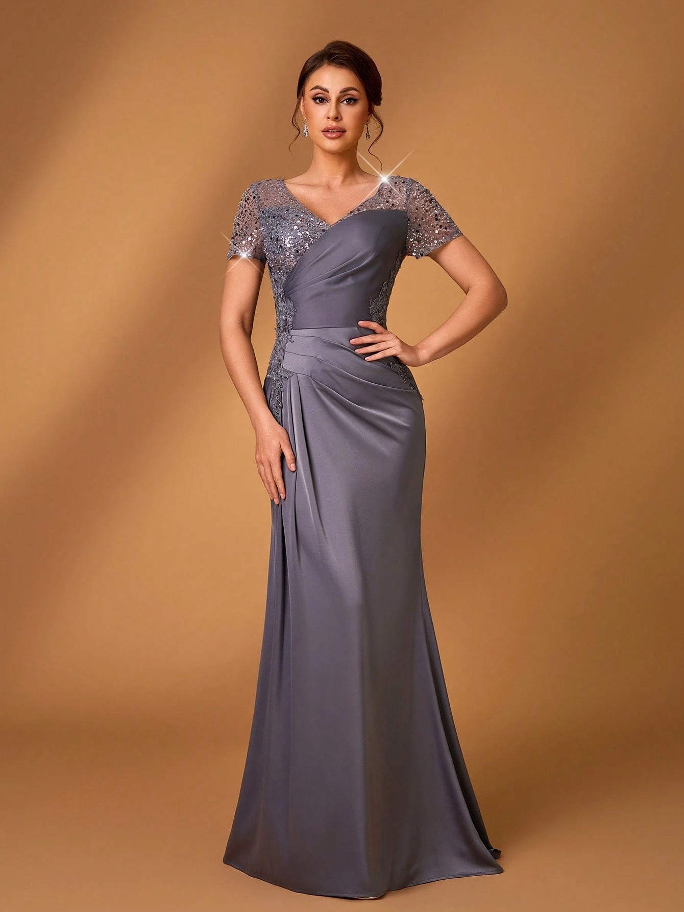 Serin Champagne Gold Summer Formal Elegant Evening Wedding Dress,Embroidered Lace Applique Elastic Satin - image 11