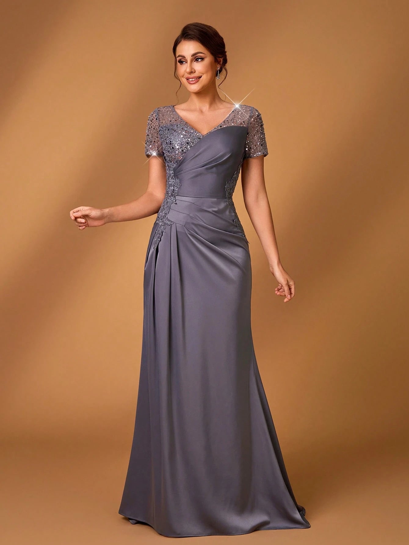 Serin Champagne Gold Summer Formal Elegant Evening Wedding Dress,Embroidered Lace Applique Elastic Satin - image 9