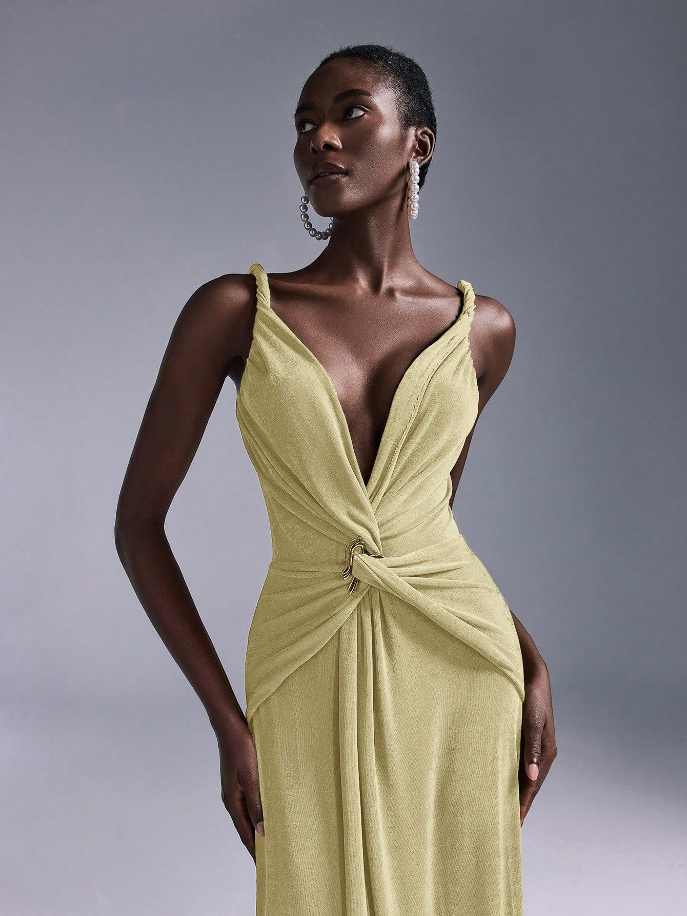 Belle Elegant Olive Green Summer Evening Wedding Bridesmaid Dress, Deep V-Neck Sleeveless Backless Fishtail - image 9