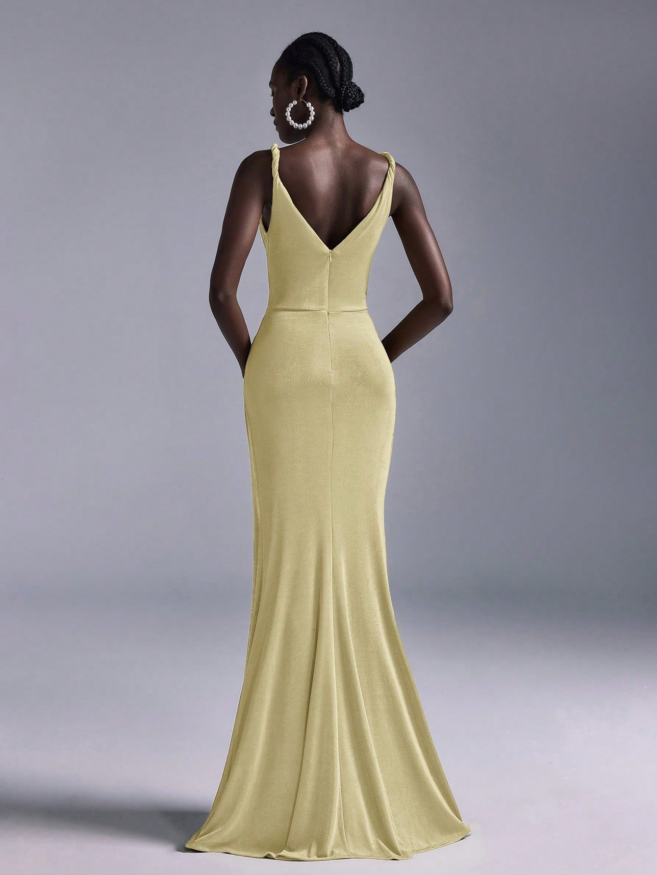 Belle Elegant Olive Green Summer Evening Wedding Bridesmaid Dress, Deep V-Neck Sleeveless Backless Fishtail - image 11