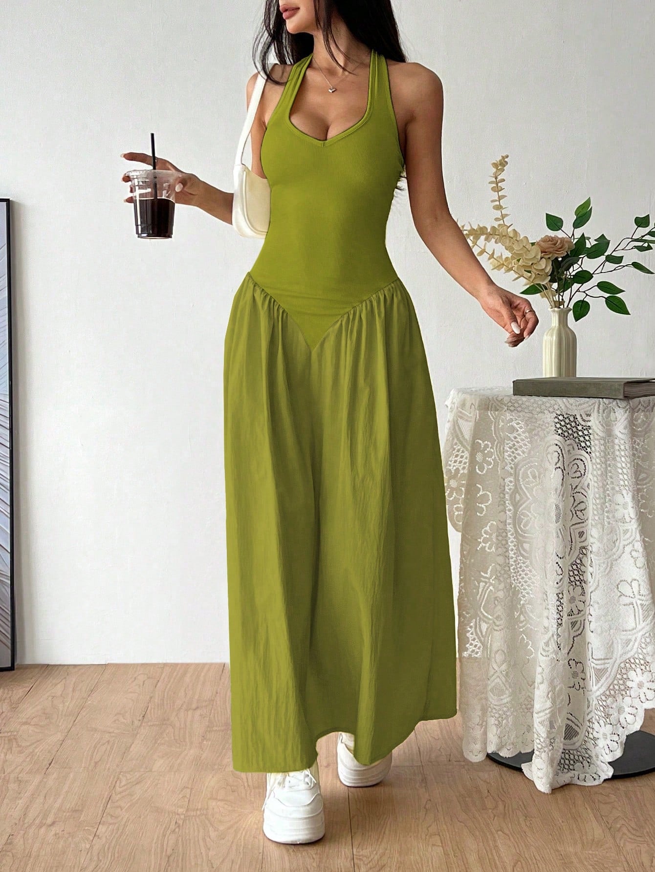 Flirla French Deep V-Neck Sexy Halter Tie-Up Splice Ruched Waist Dress