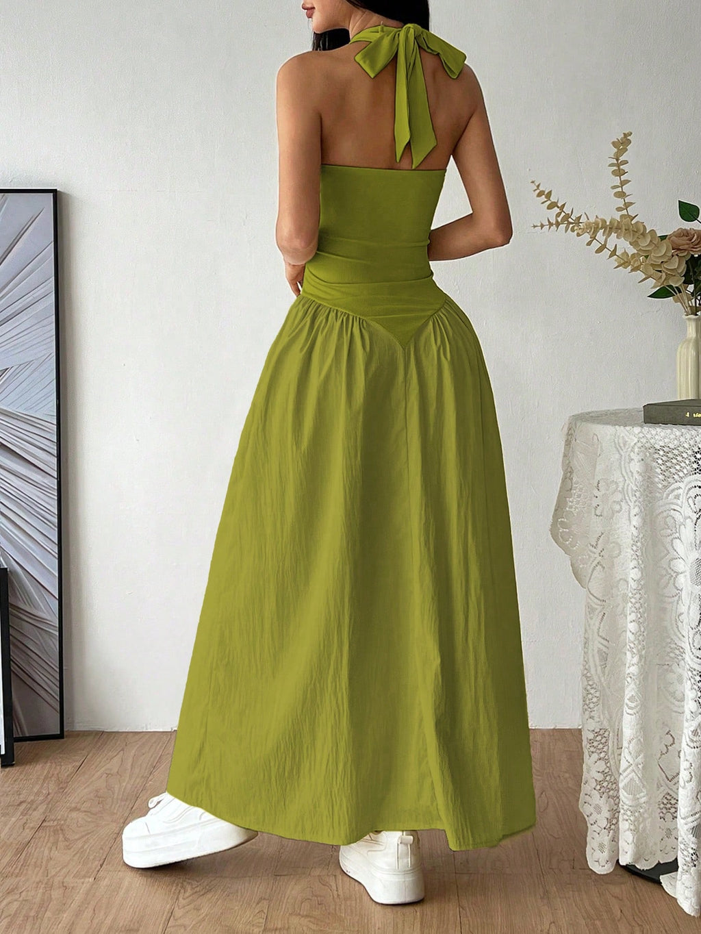 Flirla French Deep V-Neck Sexy Halter Tie-Up Splice Ruched Waist Dress