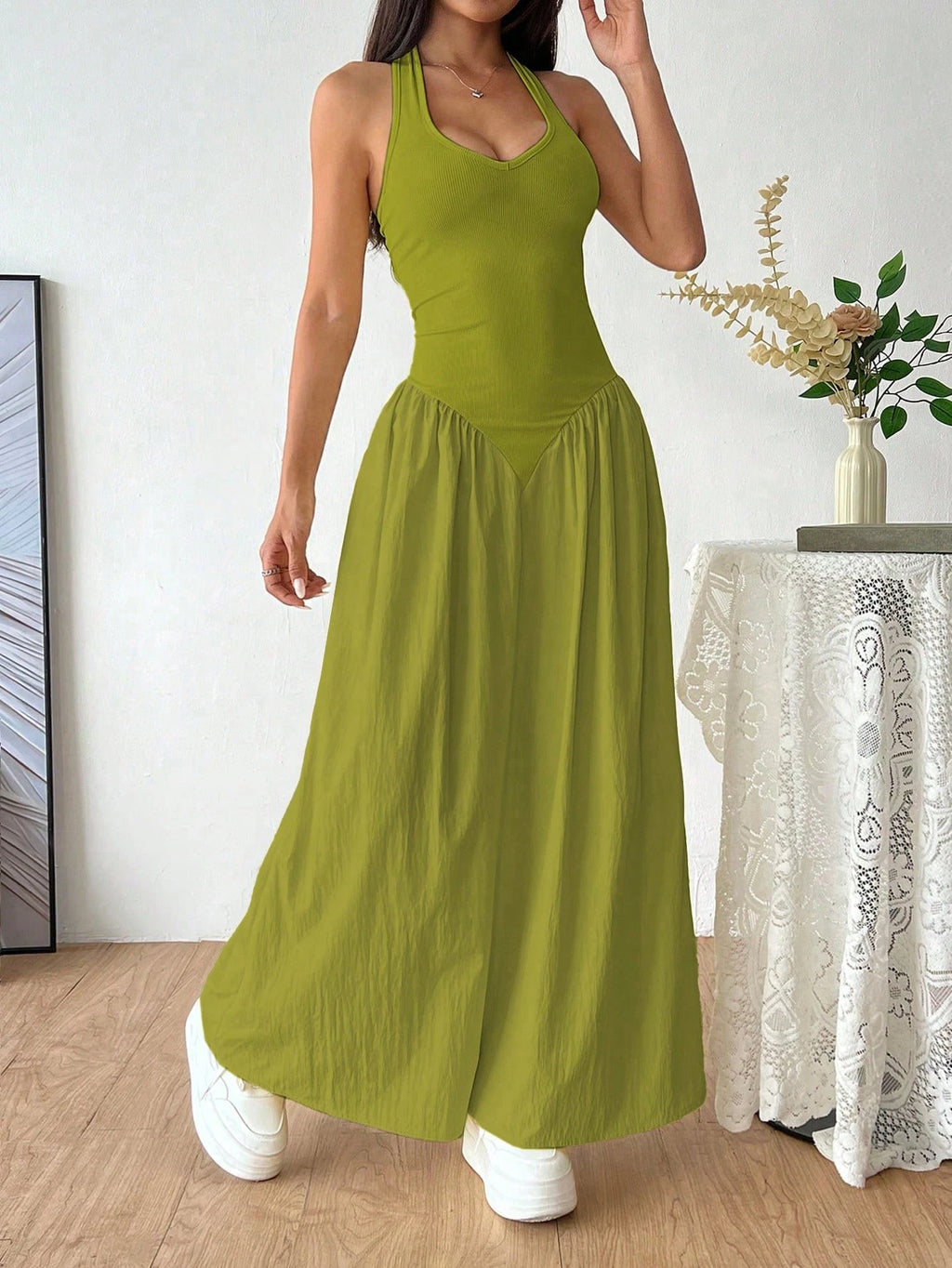 Flirla French Deep V-Neck Sexy Halter Tie-Up Splice Ruched Waist Dress
