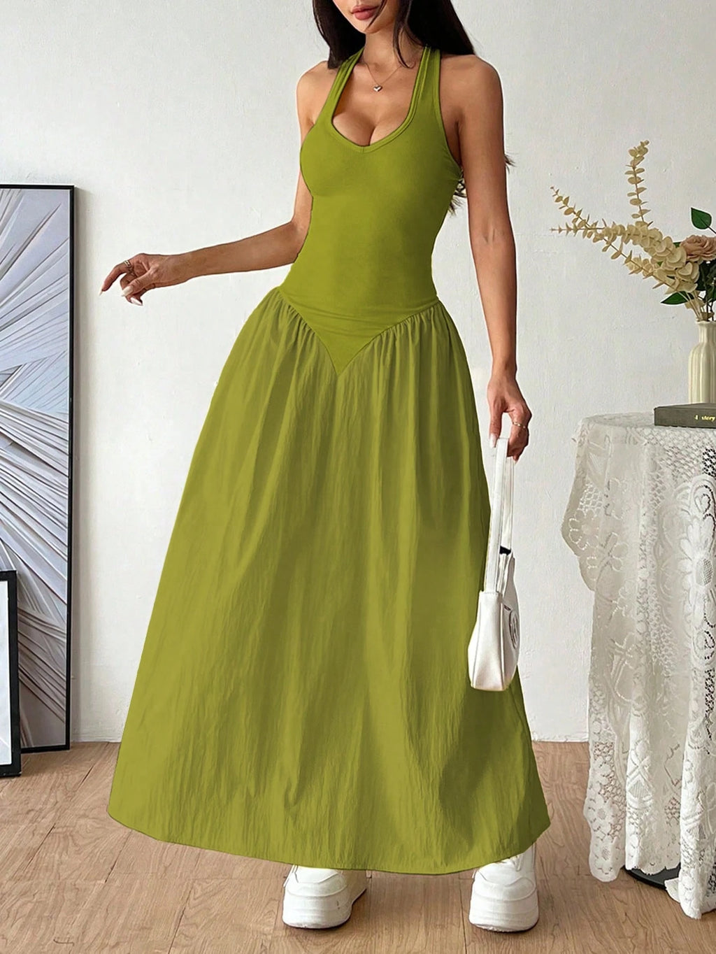 Flirla French Deep V-Neck Sexy Halter Tie-Up Splice Ruched Waist Dress