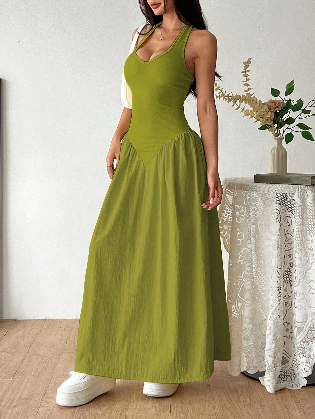 Flirla French Deep V-Neck Sexy Halter Tie-Up Splice Ruched Waist Dress