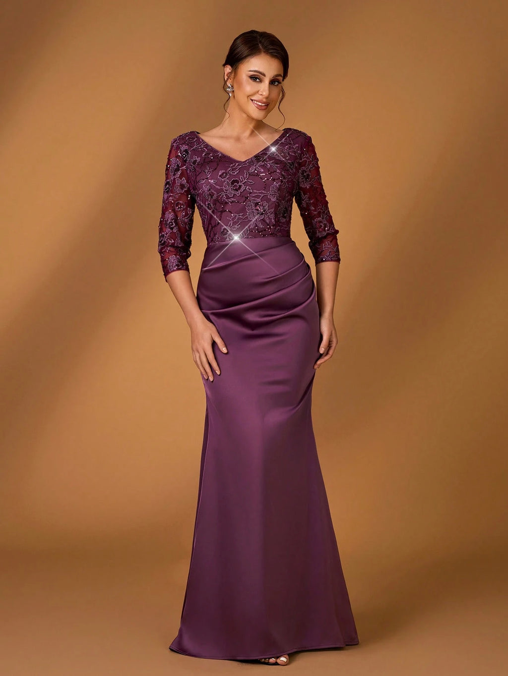 Serin Women's Purple Winter Elegant Formal Evening Dress,Luxury Sequin Mesh Embroidery Satin V-Neck - image 4