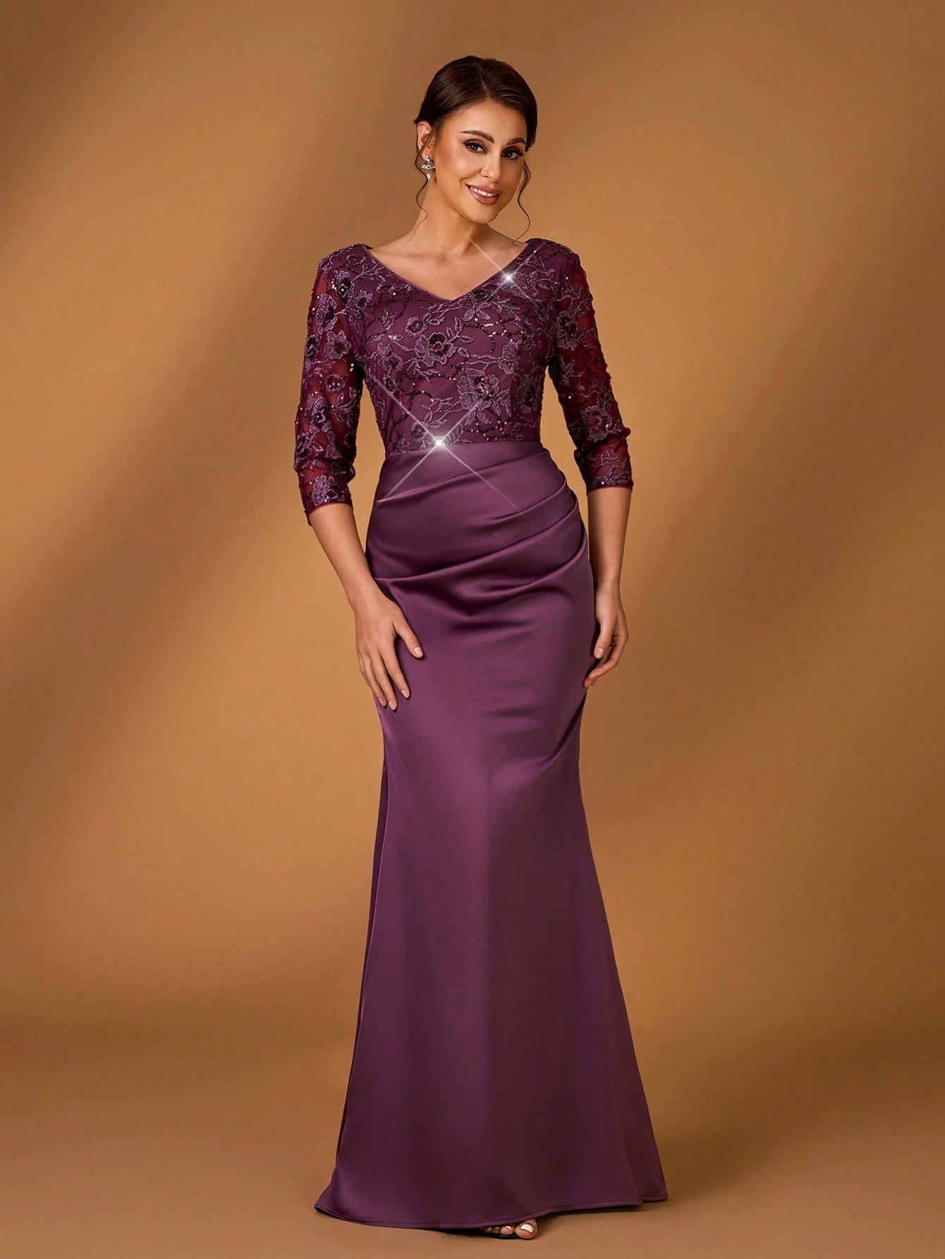 Serin Women's Purple Winter Elegant Formal Evening Dress,Luxury Sequin Mesh Embroidery Satin V-Neck - image 4