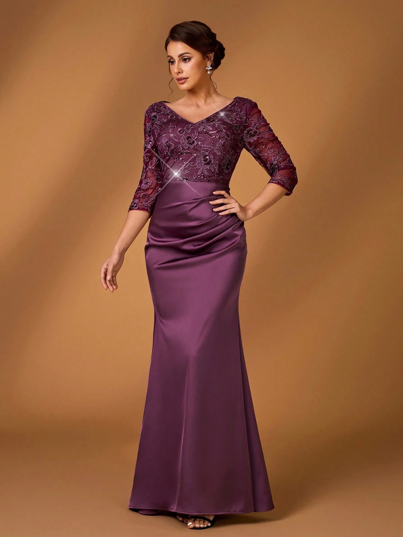Serin Women's Purple Winter Elegant Formal Evening Dress,Luxury Sequin Mesh Embroidery Satin V-Neck - image 2
